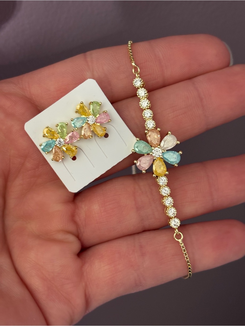 Gold Multicolor Floral Bracelet and Earring Set